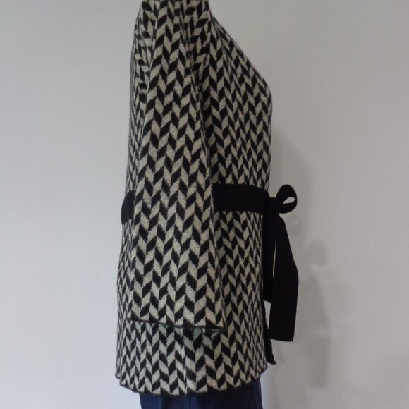 Heather‎ B 100% Wool Sweater Jacket Velvet Tie Waist Diamond Black Gray Size M - Picture 3 of 7